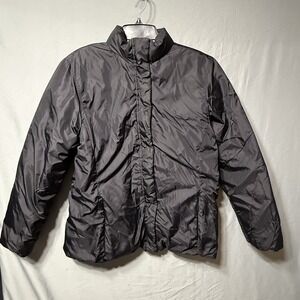 Land's End Down Filled Coat Women Large 14-16 Puffer Reversible Black Warm FLAW*